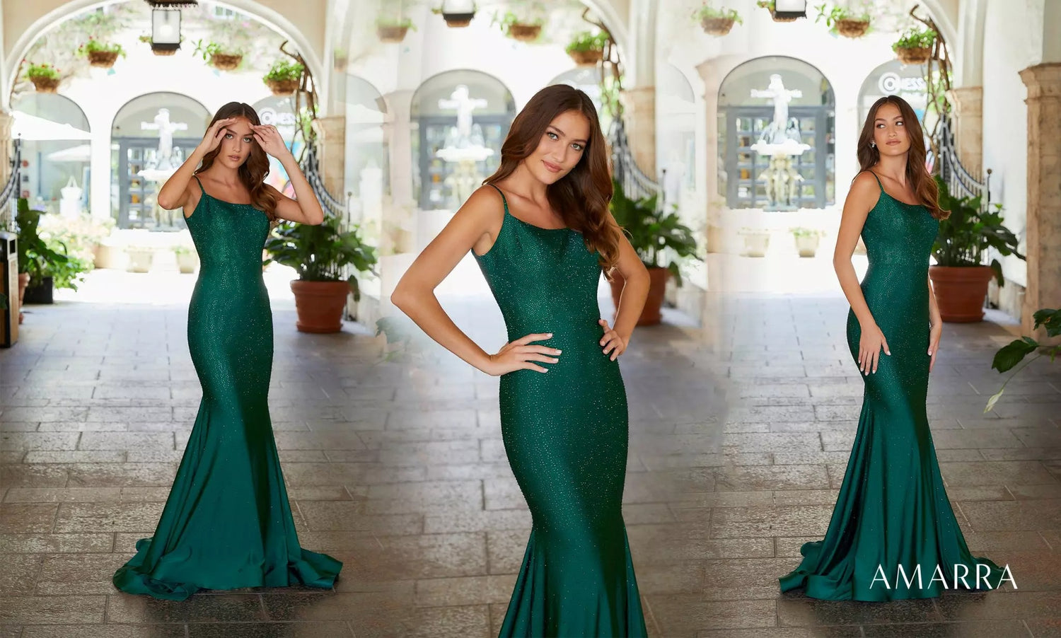 Emerald green mermaid gown with lace bodice, three angles in a fountain courtyard, Amarra style 20002