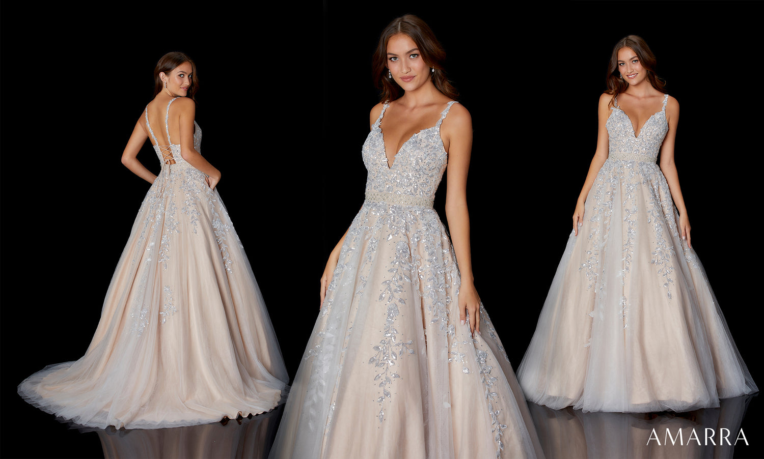 Three views of a champagne tulle ball gown with silver beading on black, Amarra style 20131