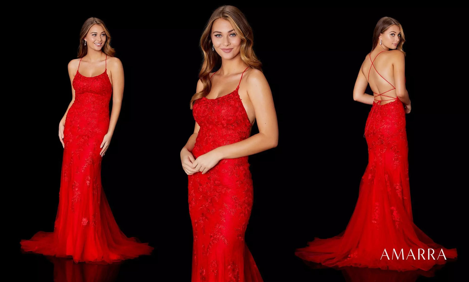 Red lace mermaid gown with lace-up back and sweeping tulle train, three angles, Amarra style 87210
