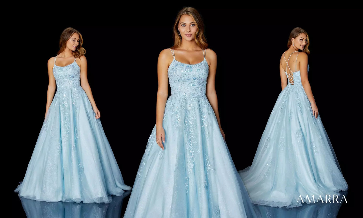 Light blue tulle ball gown with floral lace bodice, shown from three angles, Amarra style 87217