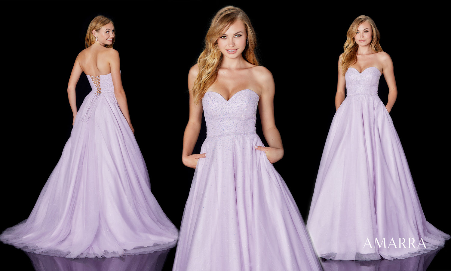 Front, back and side views of a strapless lilac tulle ballgown with corset lacing, Amarra style 87218