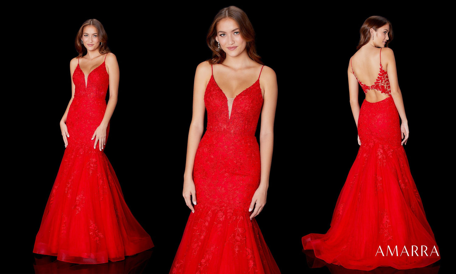 Red lace mermaid gown with plunging V-neck and open back, shown from three angles, Amarra style 87226