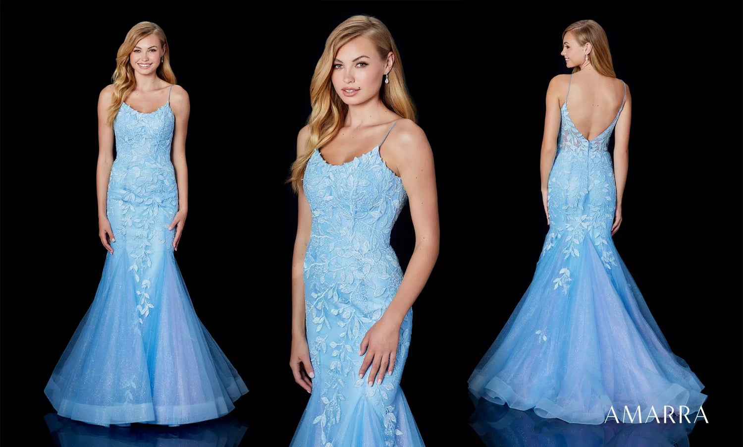 Pale blue lace appliqué mermaid gown with tulle skirt, three angles, Amarra style 87227