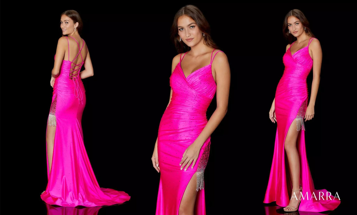 Fuchsia ruched satin gown with beaded thigh slit and open back, three angles, Amarra style 87232