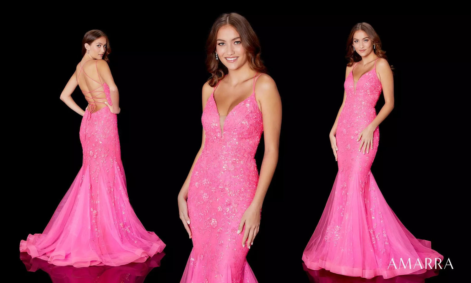 Hot pink sequinned lace mermaid gown with open back, three angles, Amarra style 87238