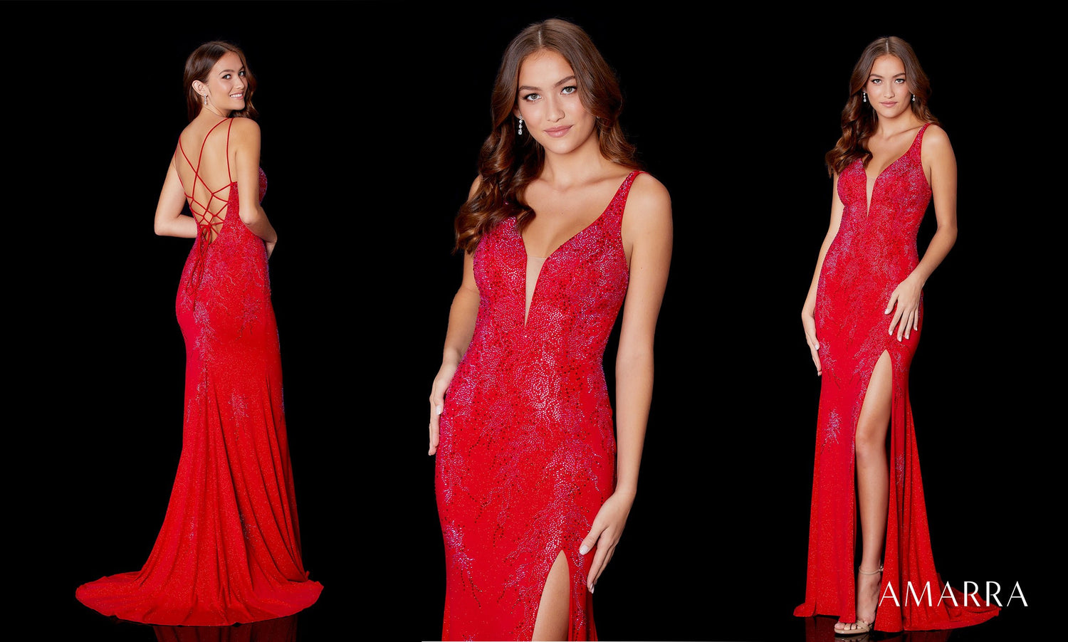 Three views of a red beaded gown with plunging neckline and thigh slit, Amarra style 87247