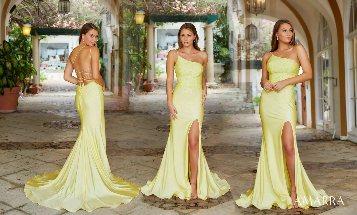 Pale yellow one-shoulder gown with thigh slit and open back, three angles in a courtyard, Amarra style 87261