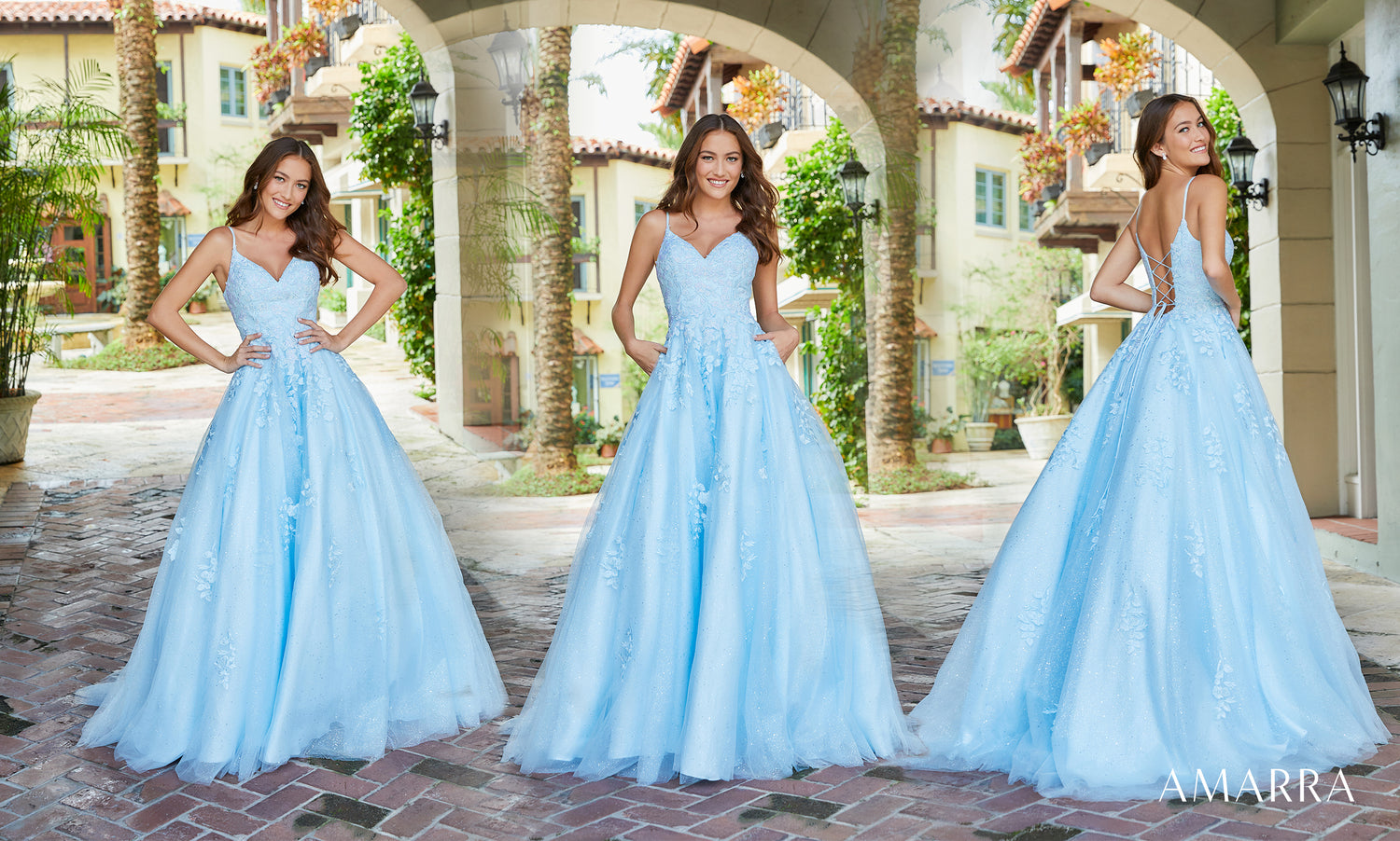 Three views of a light blue lace ballgown in a Spanish-style courtyard, Amarra style 87273