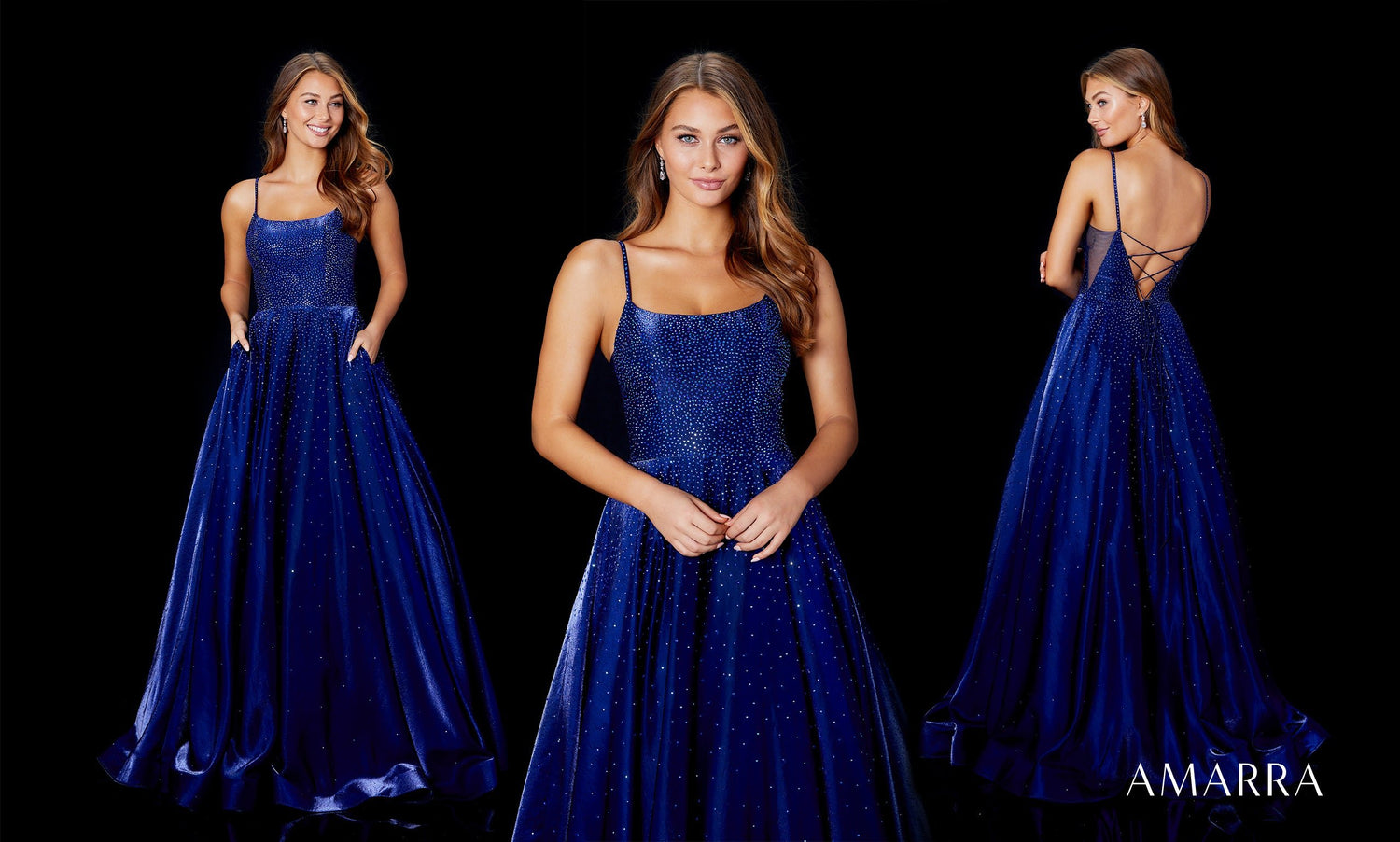 Three views of a floor-length navy glitter ball gown with lace-up back, Amarra style 87278