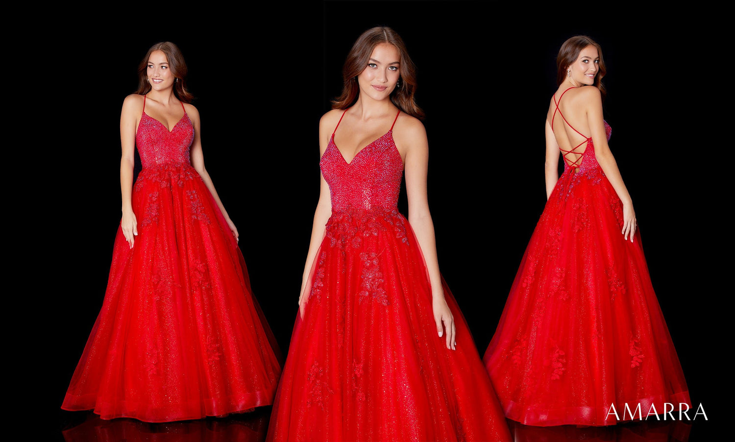 Three views of a red ballgown with lace bodice, strappy back and full tulle skirt, Amarra style 87280