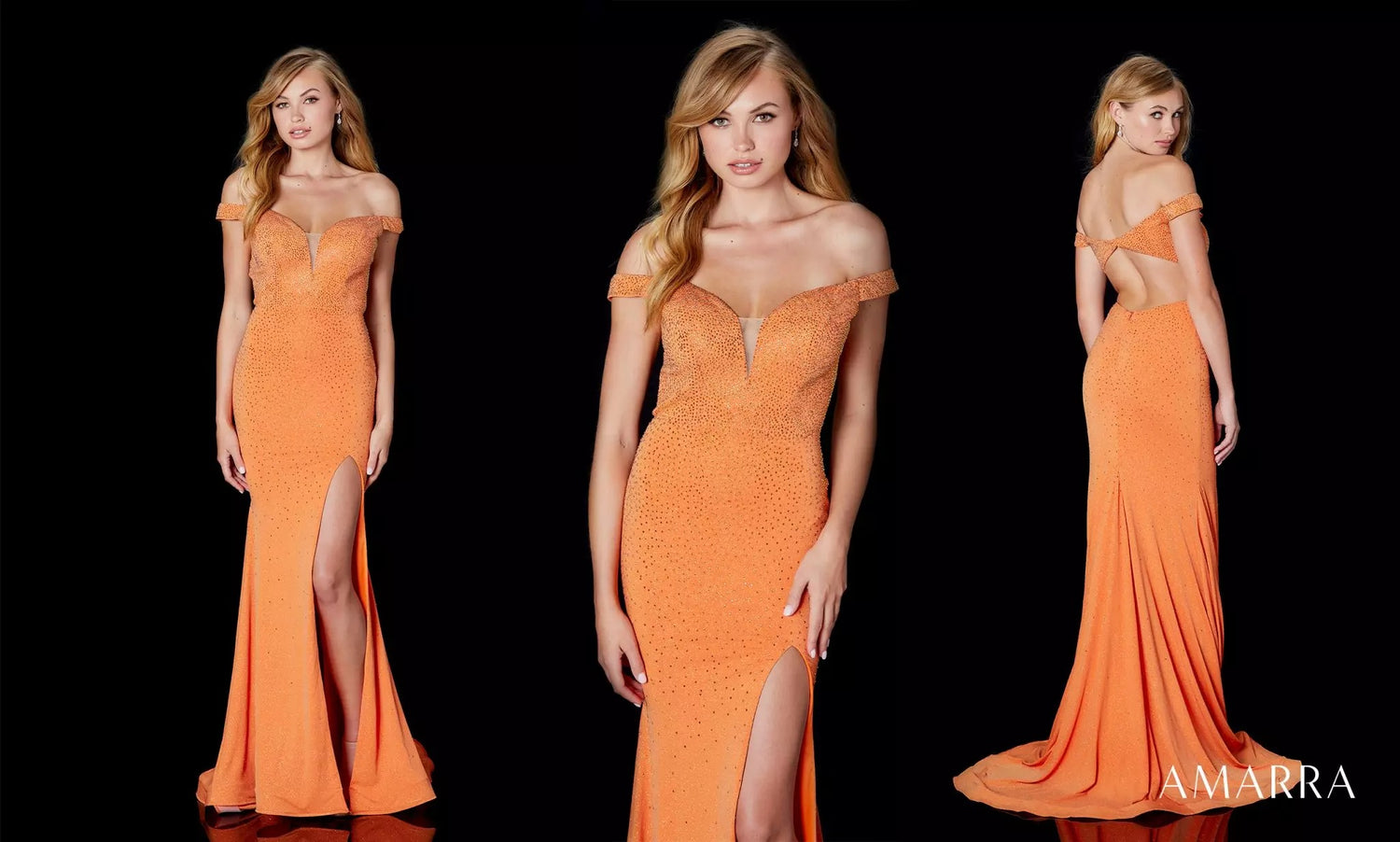 Orange off-the-shoulder gown with beaded bodice and thigh slit, three angles, Amarra style 87287
