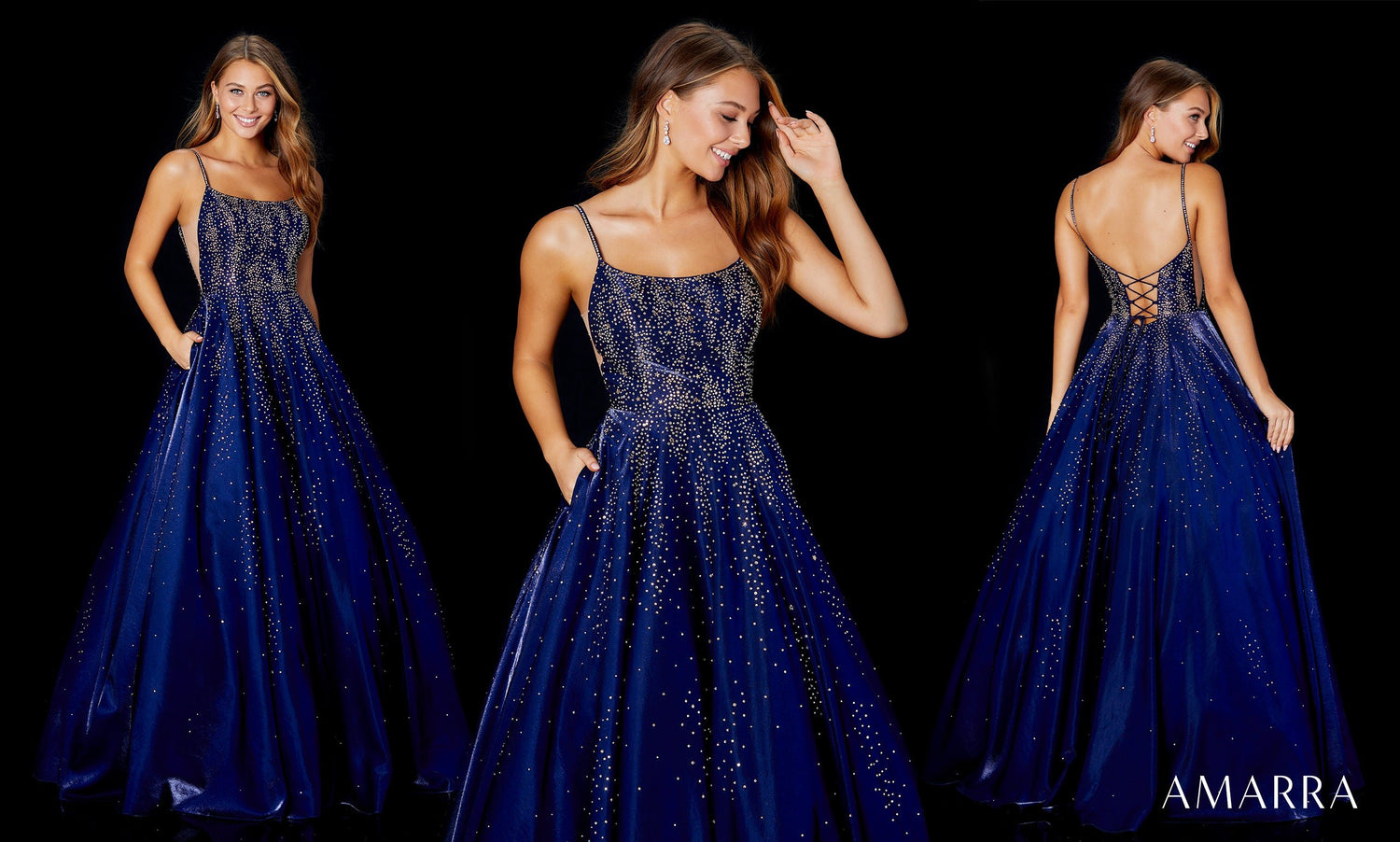 Three views of a navy ballgown scattered with rhinestones and a corset back, Amarra style 87292