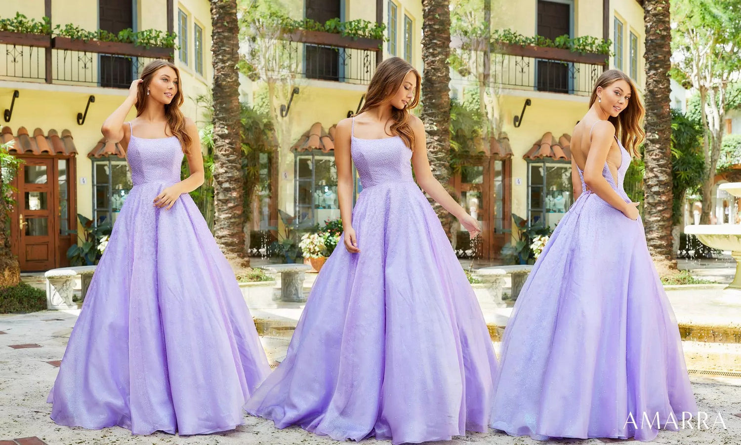 Three views of a lilac shimmer ballgown with square neckline in a courtyard, Amarra style 87295