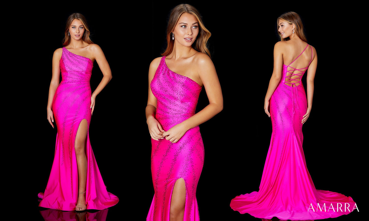 Fuchsia one-shoulder gown with thigh slit and lace-up back, three angles, Amarra style 87306