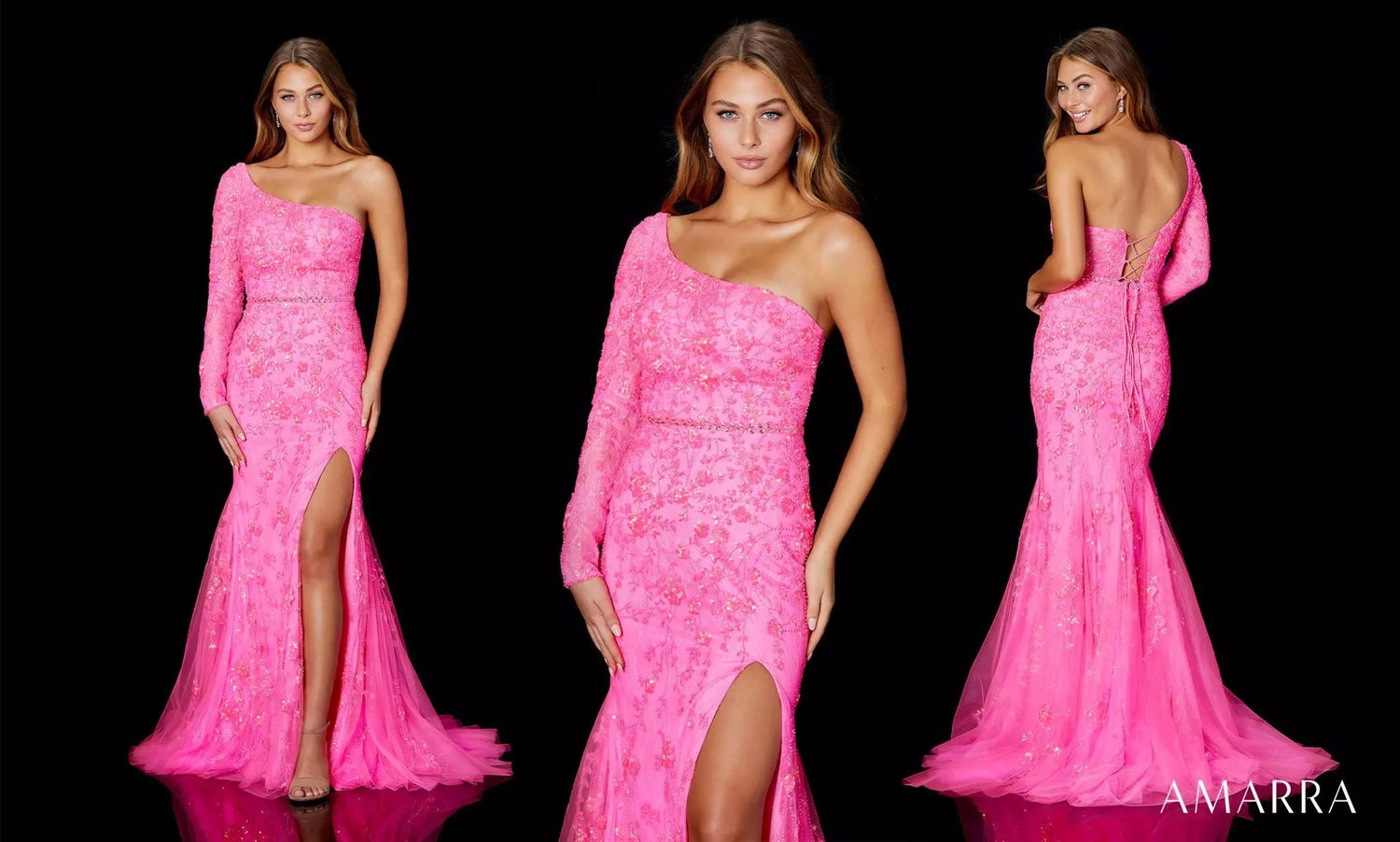Front, side and back views of a model in a neon pink one-shoulder lace gown with slit, Amarra style 87308
