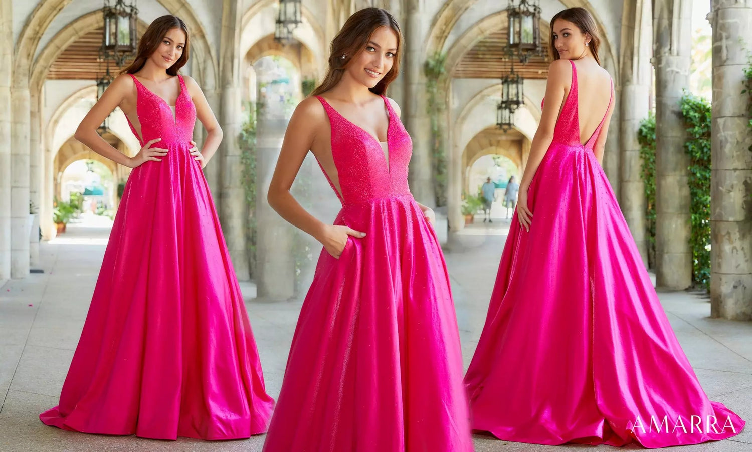 Three views of a fuchsia satin ballgown with beaded V bodice, in a stone arcade