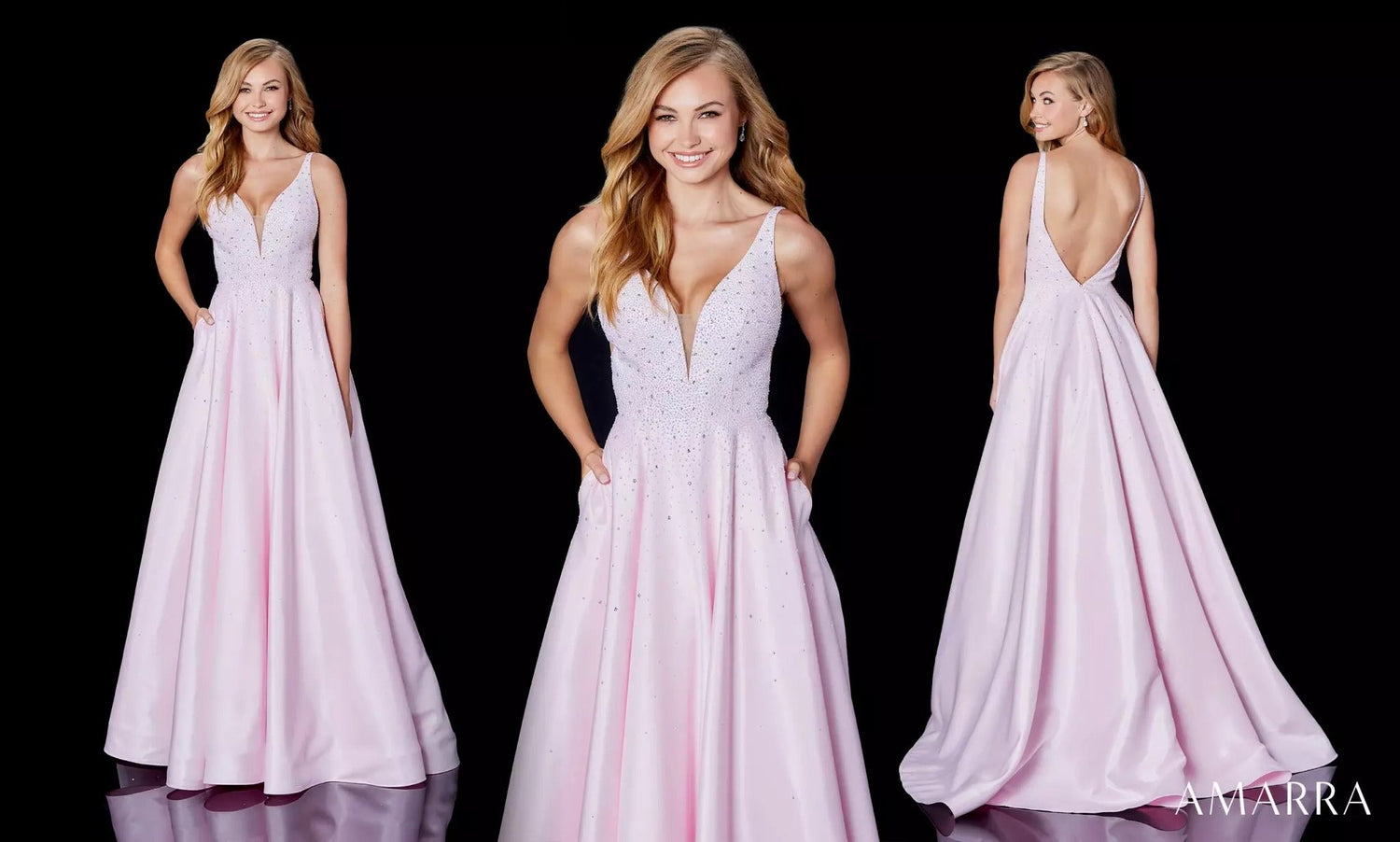 Blush pink satin ball gown with beaded V-neck bodice, three angles, Amarra style 87310
