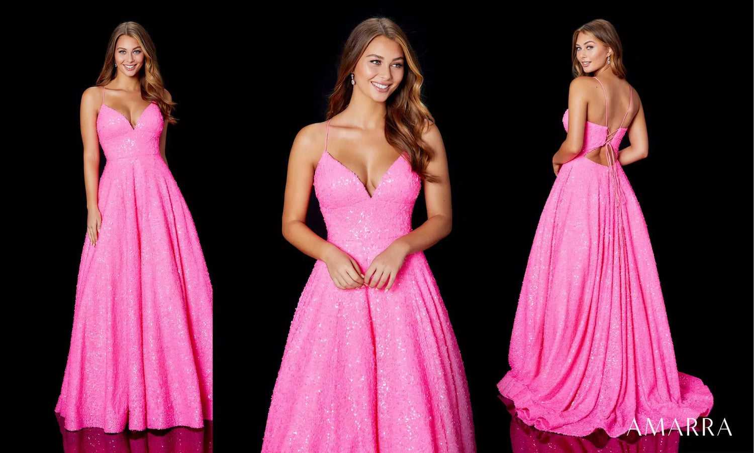Neon pink sequin ball gown with V-neck bodice, shown from three angles, Amarra style 87311
