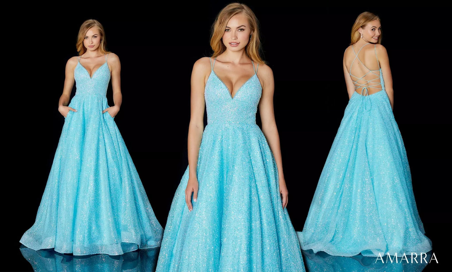 Three views of an aqua glitter ballgown with V neckline and open back, Amarra style 87312