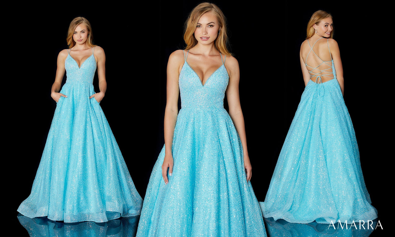 Aqua glitter ball gown with plunging neckline shown front, side and back, Amarra style 87312
