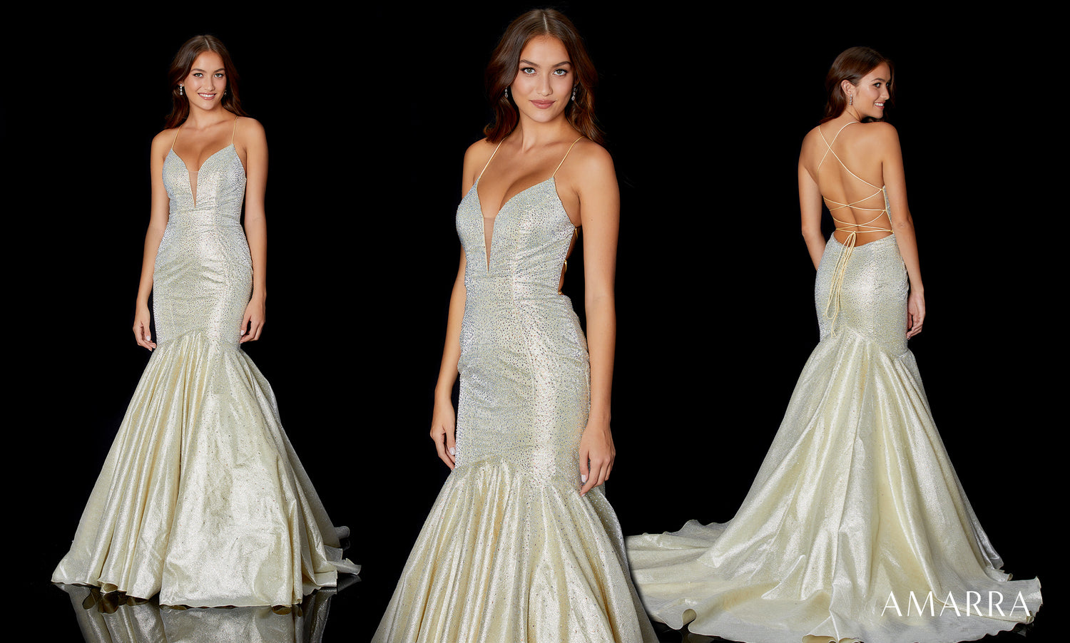 Three views of a pale champagne metallic mermaid gown with plunging neckline, Amarra style 87318
