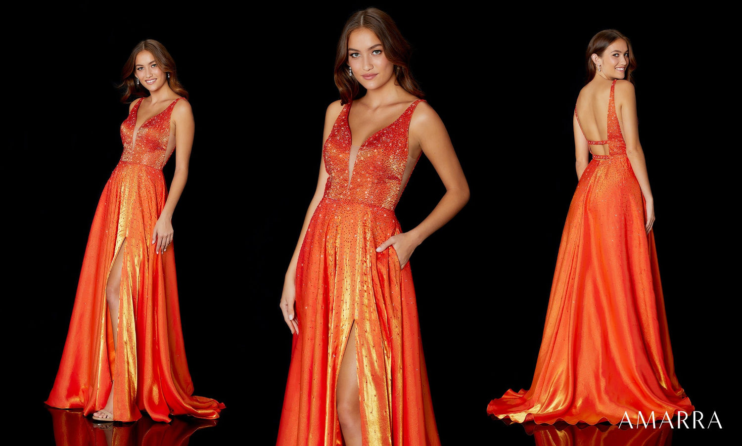 Three views of a burnt orange gown with beaded bodice and full satin skirt, Amarra style 87320