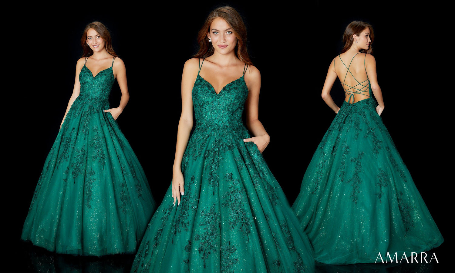 Three views of an emerald lace ballgown with corset back and pockets, Amarra style 87322