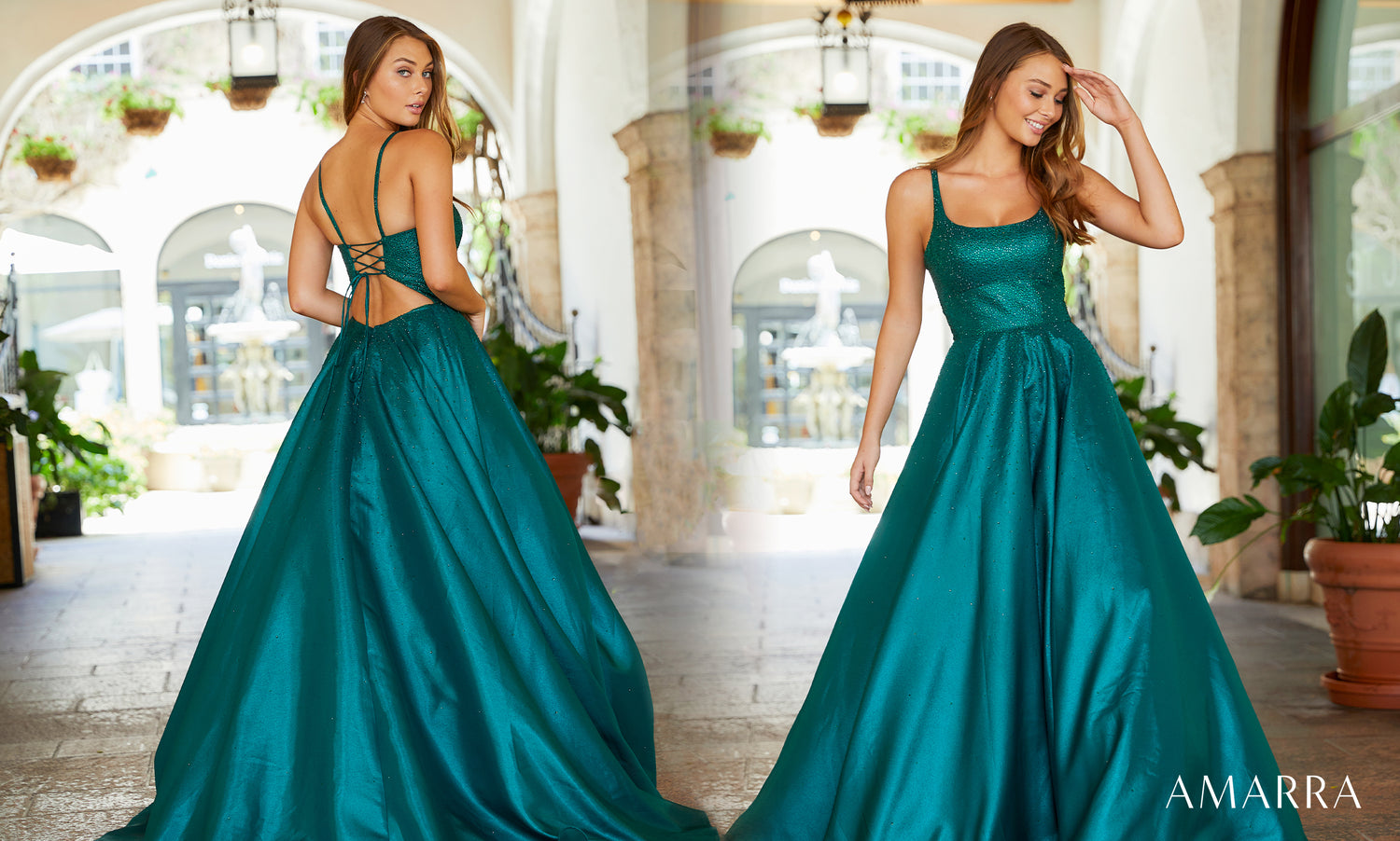 Back and front views of a teal satin ballgown with laced open back in a tiled courtyard, Amarra style 87326