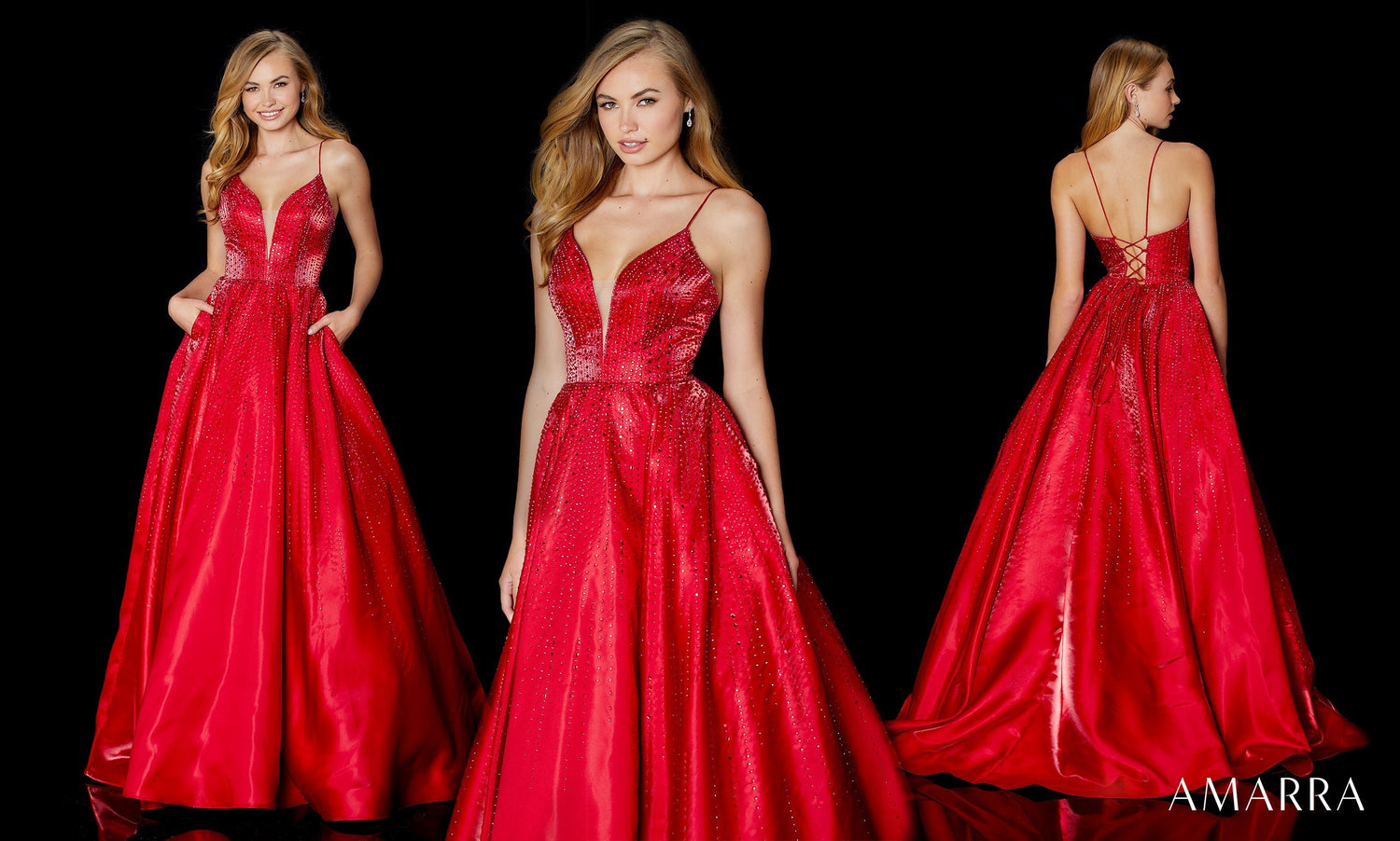 Three views of a red glitter ballgown with plunging beaded bodice and pockets, Amarra style 87327