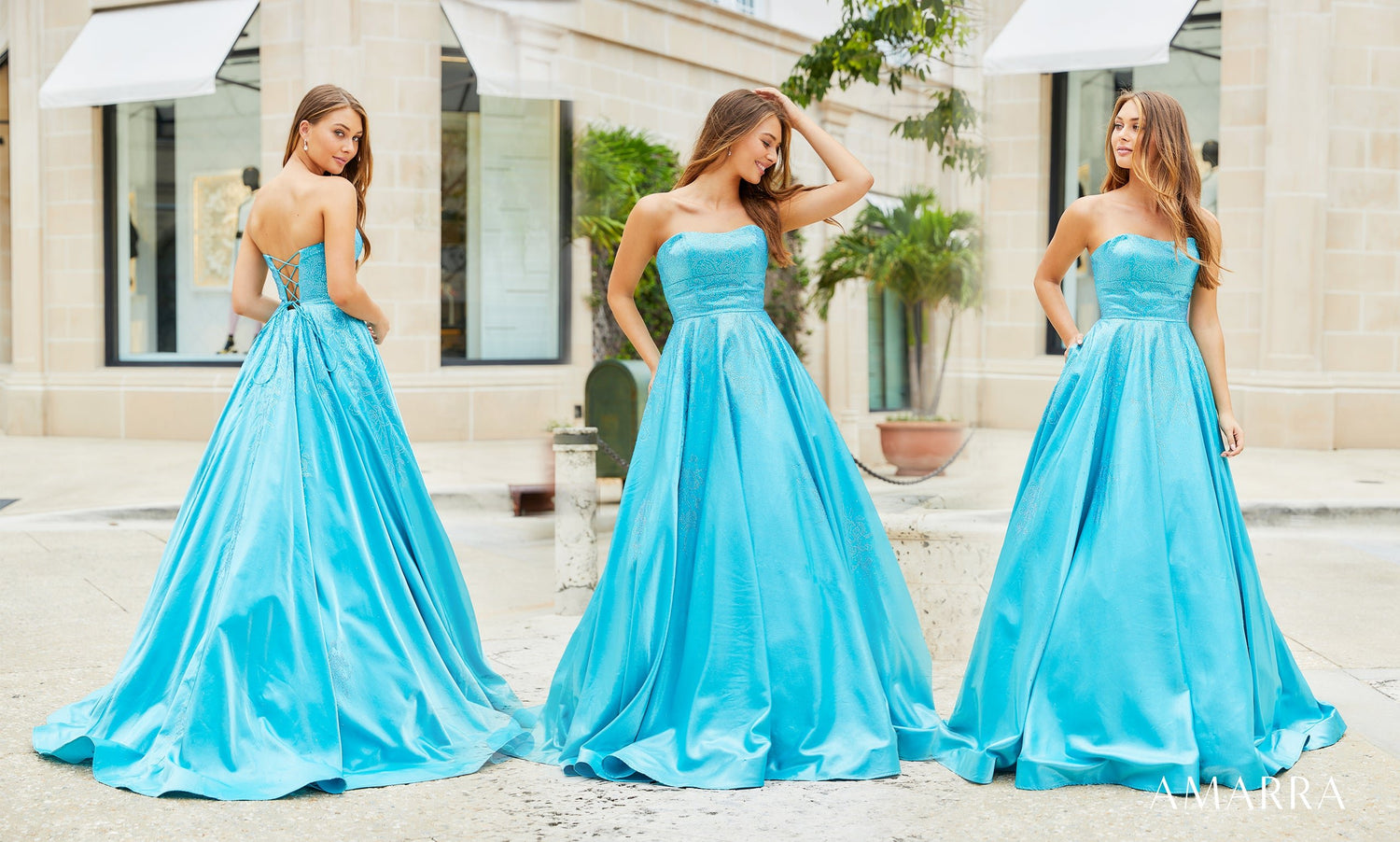 Three views of a strapless turquoise satin ballgown with pockets on a sunlit street, Amarra style 87333