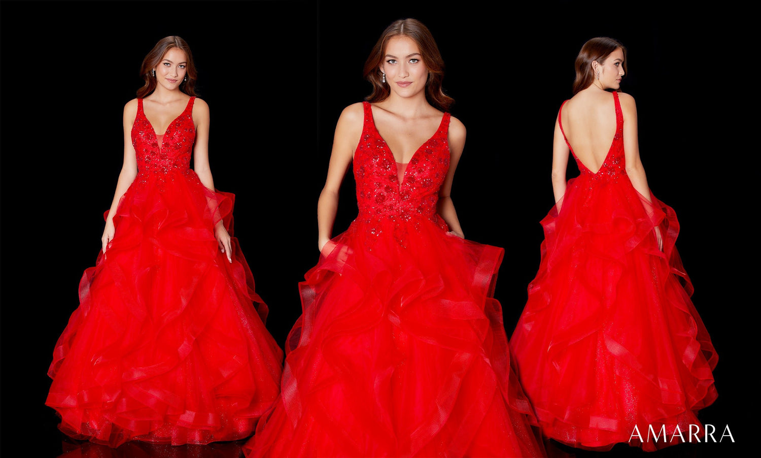 Three views of a red ruffled tulle ballgown with beaded V-neck bodice and open back, Amarra style 87334