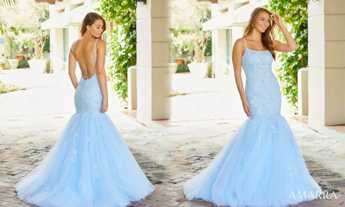Back and front views of a light blue lace mermaid gown with tulle skirt, Amarra style 87339
