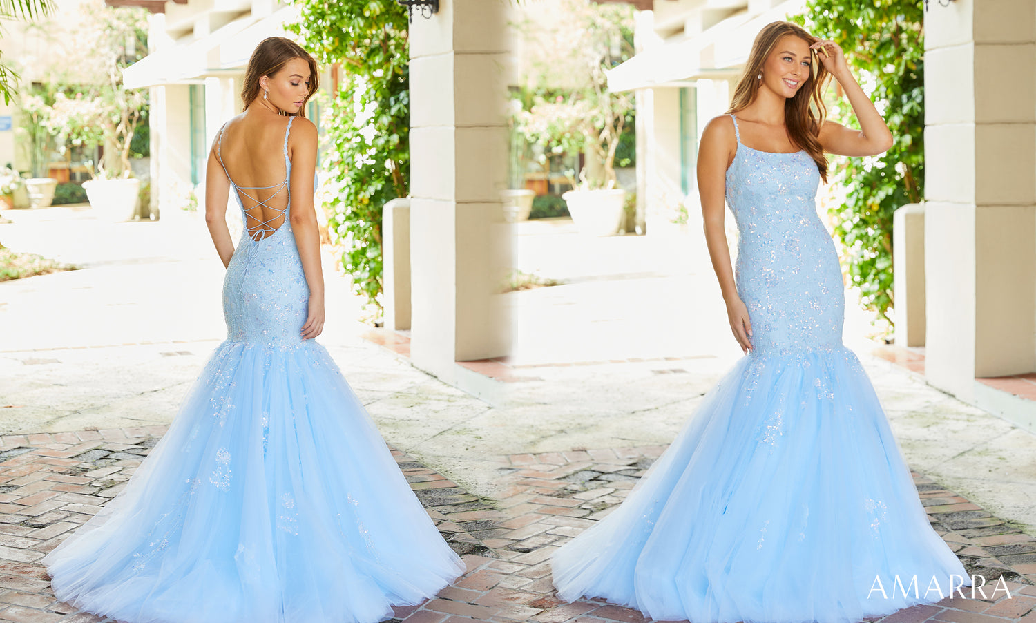 Back and front views of a light blue lace mermaid gown with open back, Amarra style 87339