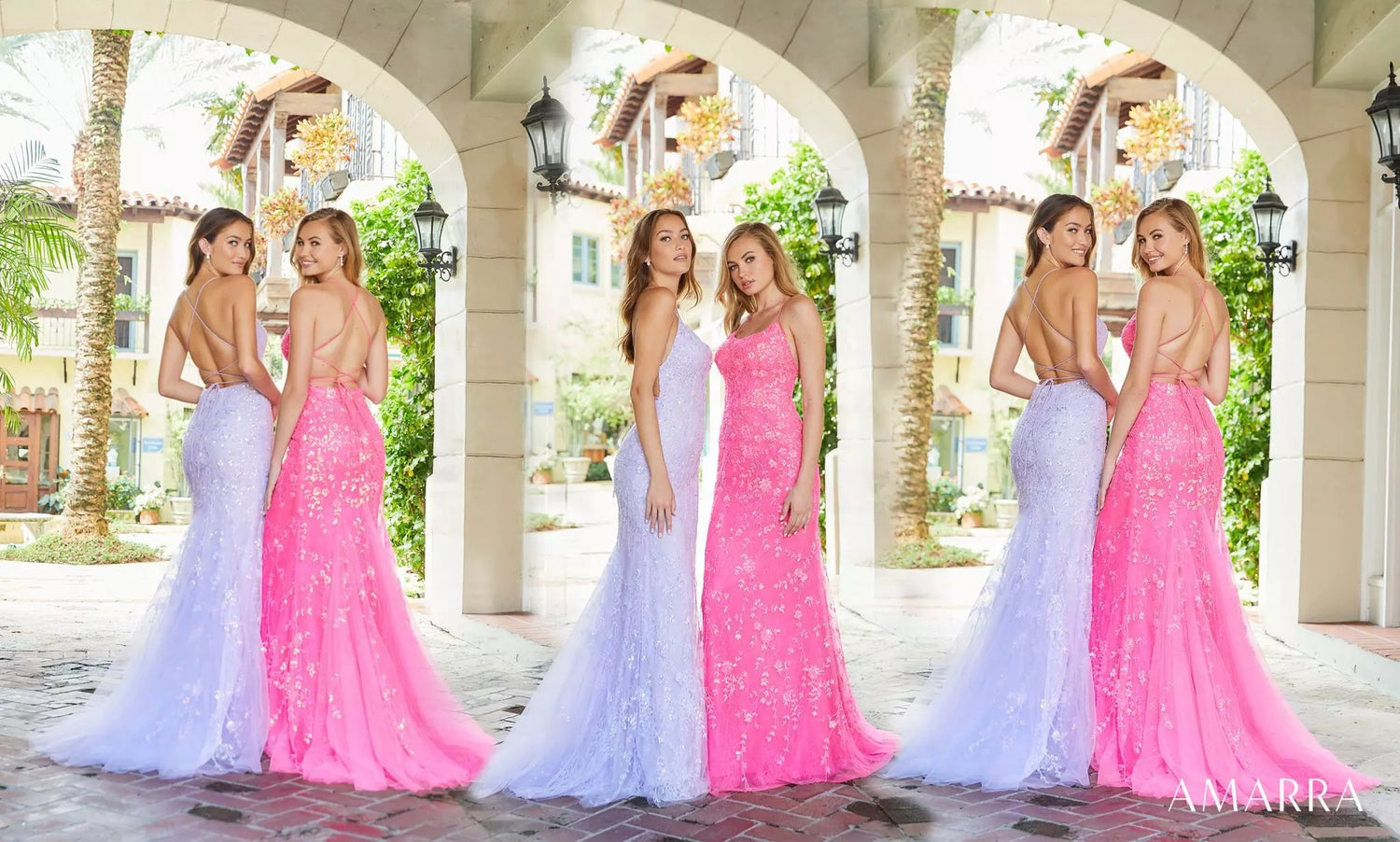 Models in lilac and hot pink sequined mermaid gowns posed under Spanish-style arches, Amarra style 87340