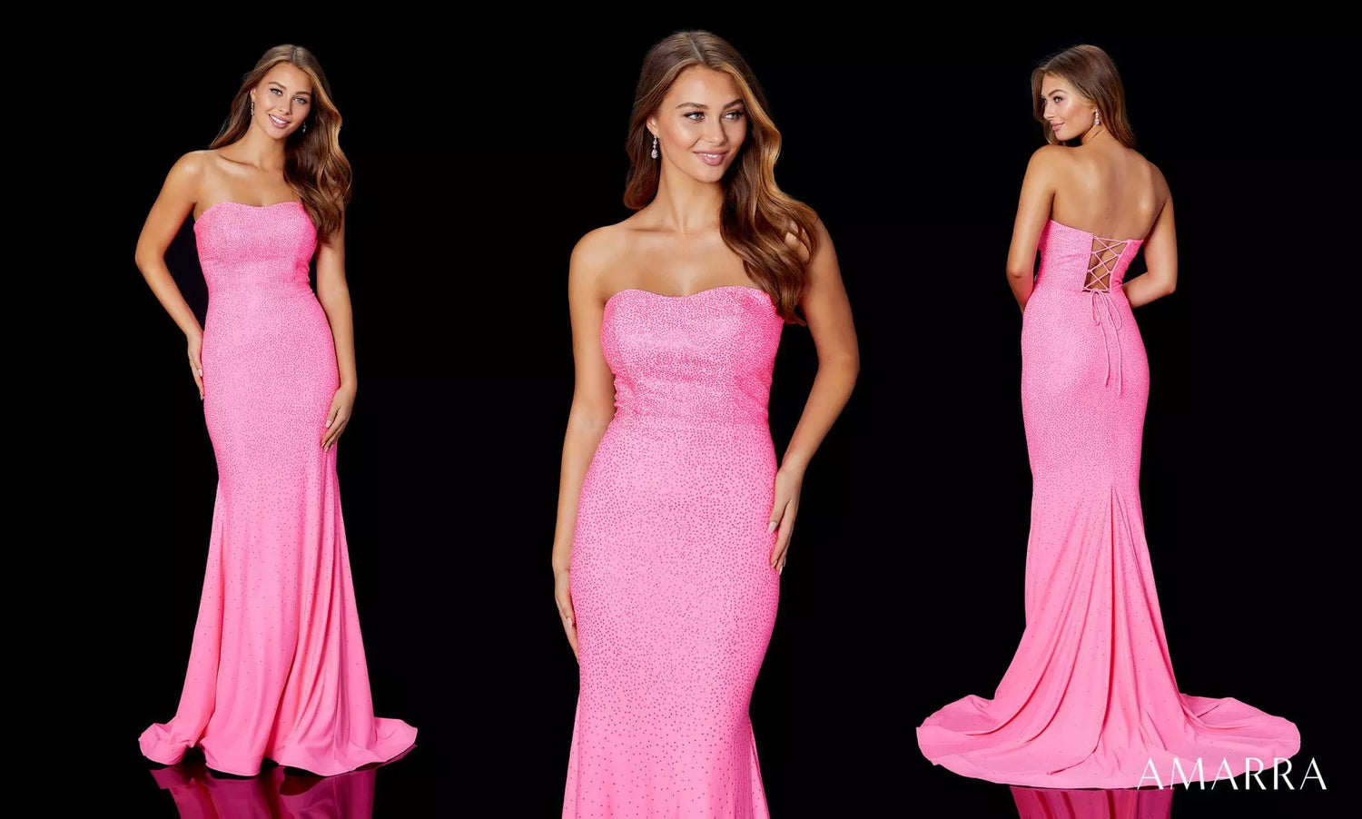 Front, side and back views of a model in a strapless pink sequined mermaid gown, Amarra style 87342