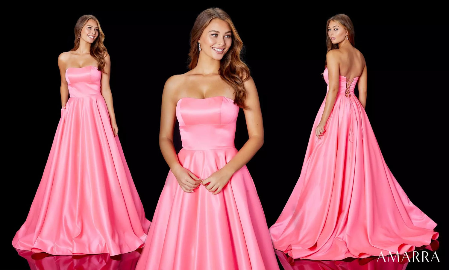 Strapless bubblegum pink satin ball gown shown from three angles against black, Amarra style 87344
