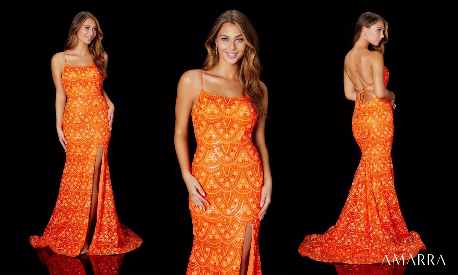 Three views of a neon orange patterned sequin gown with thigh slit, Amarra style 87346
