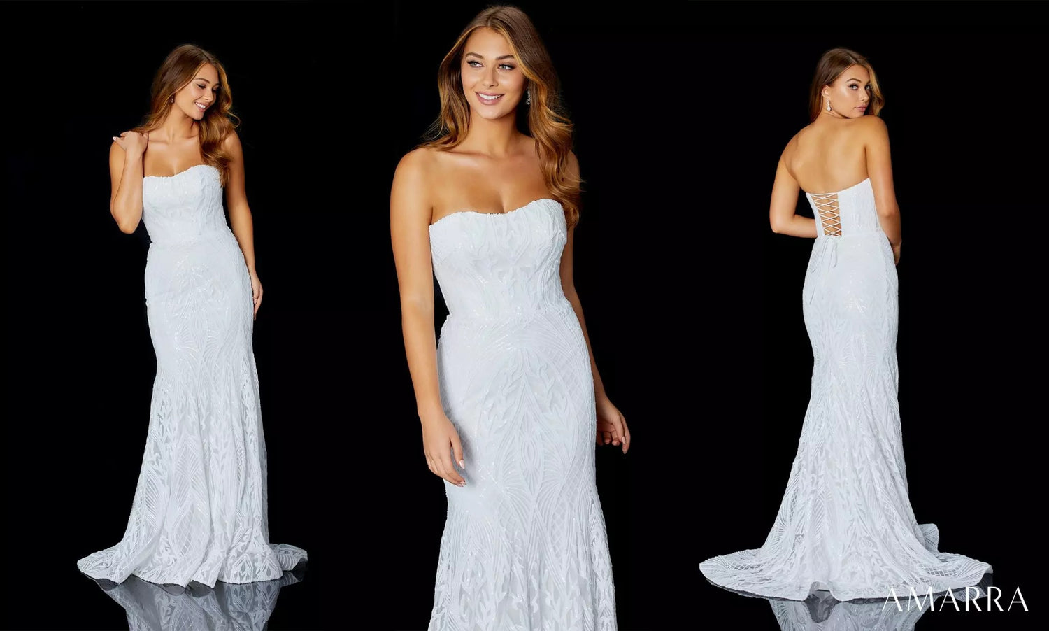 Three views of a white strapless lace fitted gown on a black background, Amarra style 87363