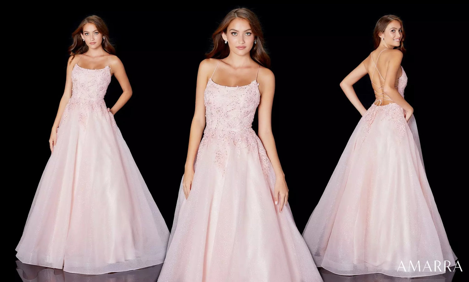 Three views of a blush organza ballgown with lace bodice and open back, Amarra style 87402