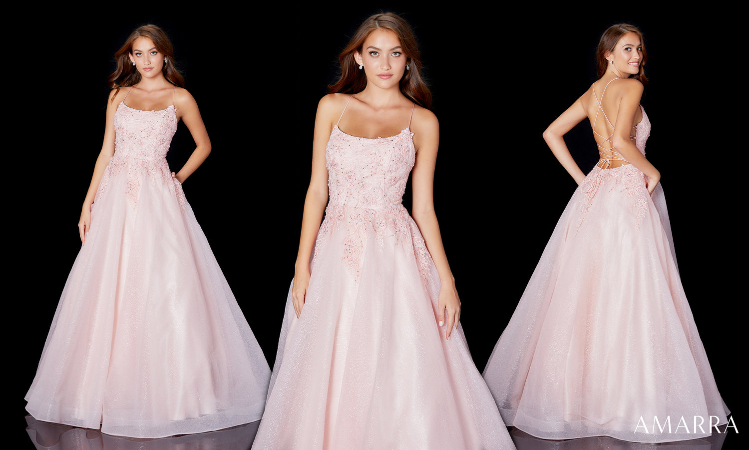 Three views of a sleeveless blush pink ballgown with lace bodice and tulle skirt, Amarra style 87402