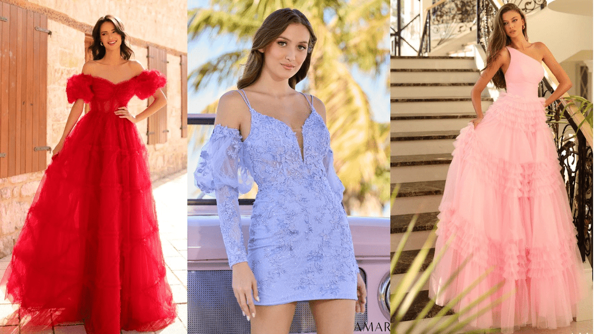 Three-panel collage of models in a red ruffled ball gown, a lilac lace mini dress and a pink tulle gown