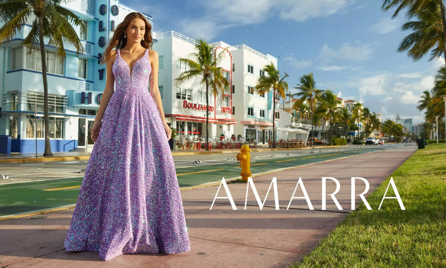 Model walking a palm-lined Miami street in a lilac sequin ball gown with V-neck bodice