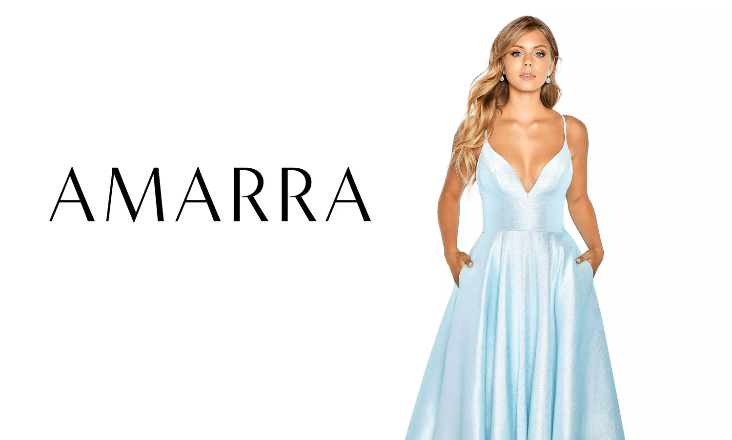 Model in a light blue satin A-line gown with a plunging neckline and pockets, beside the Amarra wordmark
