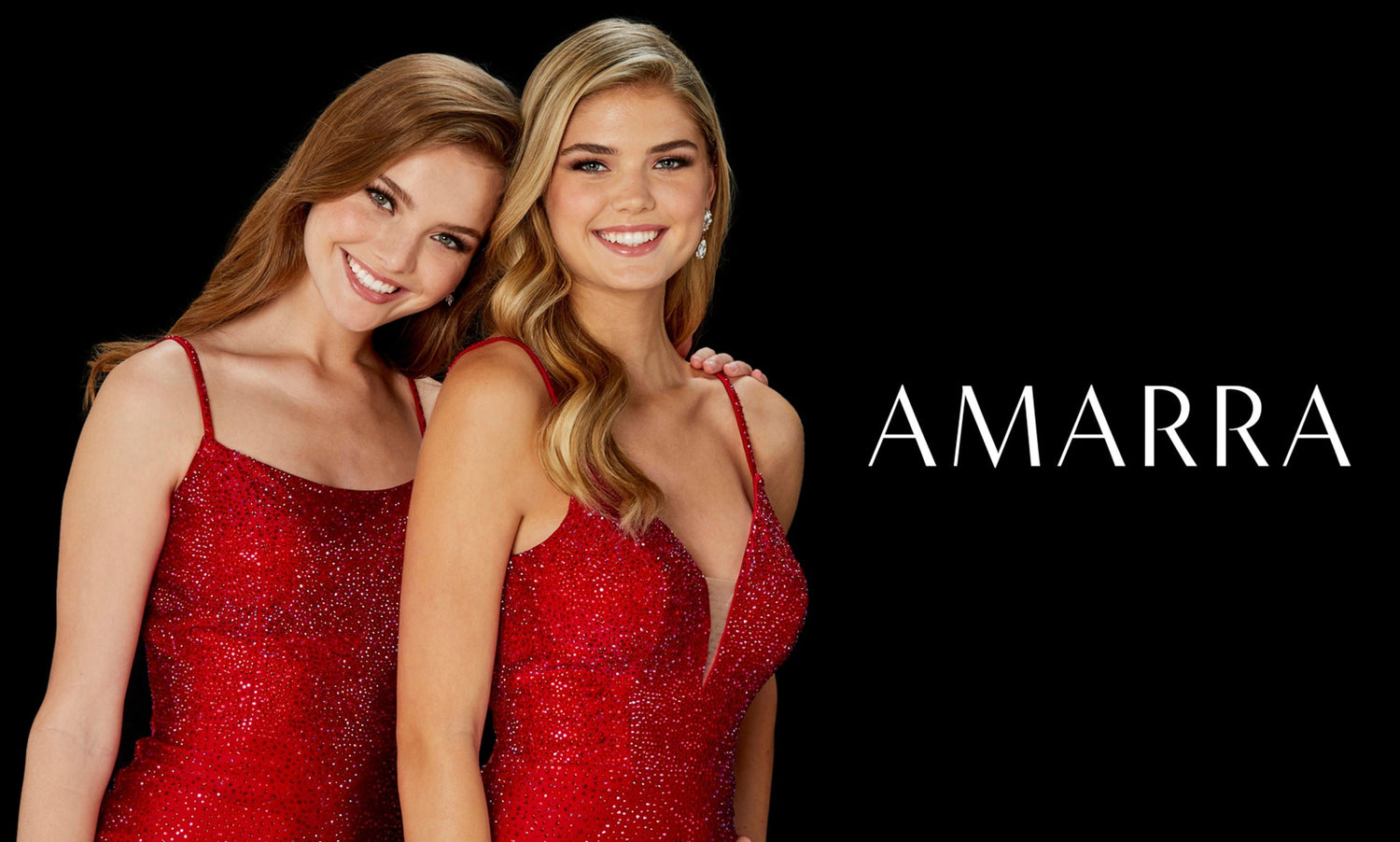 Two smiling models side by side in red sequin gowns against a black background