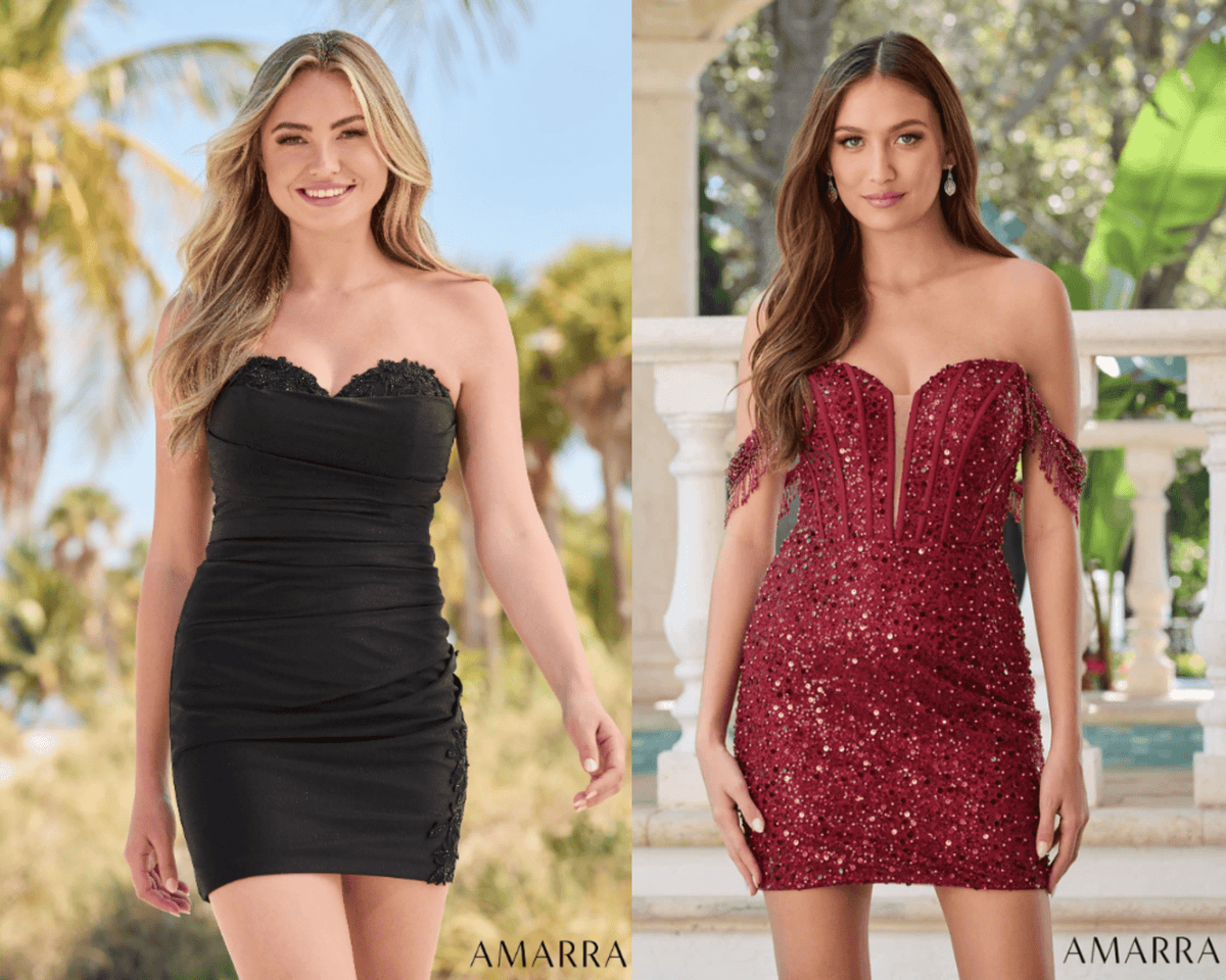 Two models side by side in short fitted dresses, one strapless black, one burgundy sequined off-shoulder