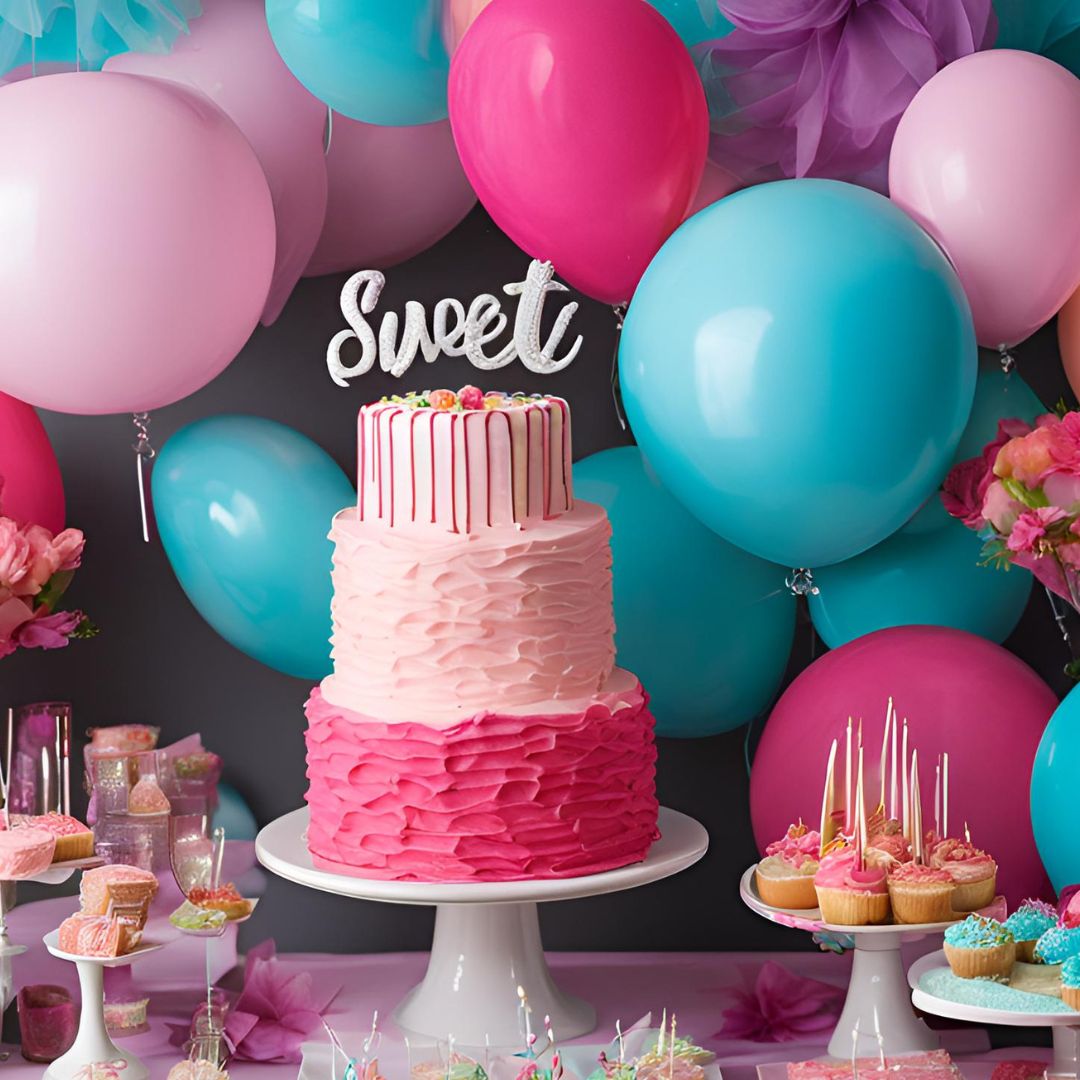 Party dessert table with a pink ombré tiered cake, Sweet sign, balloons and cupcakes
