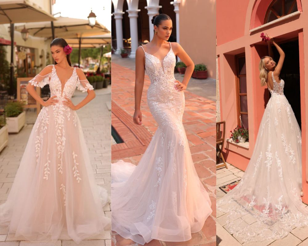Three brides in ivory lace wedding gowns, two flowing A-line skirts and one fitted mermaid