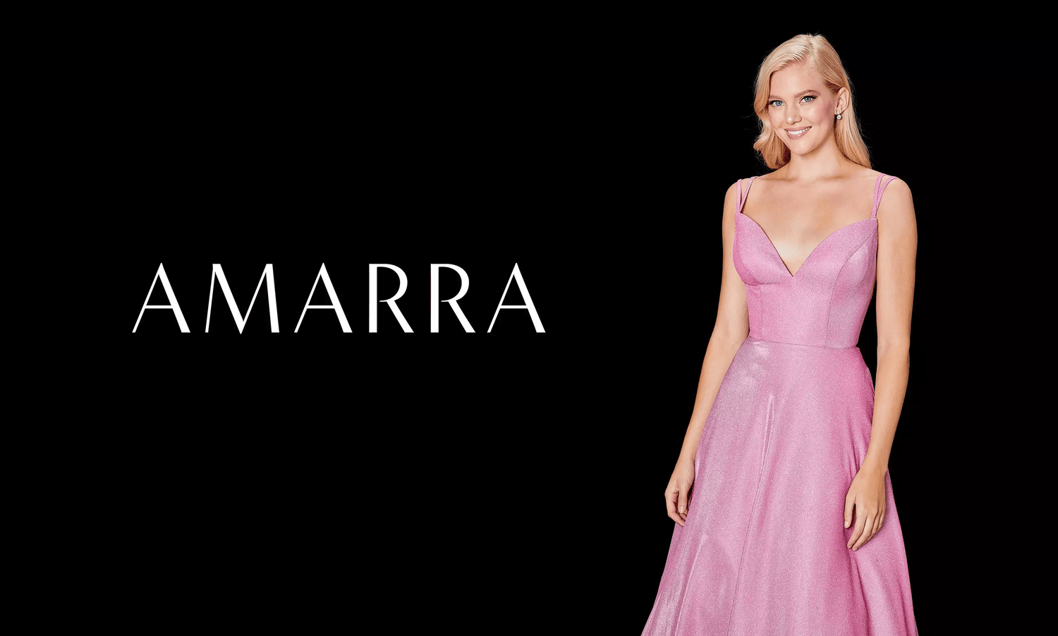 Blonde model in a pink shimmer gown with V neckline beside the Amarra wordmark