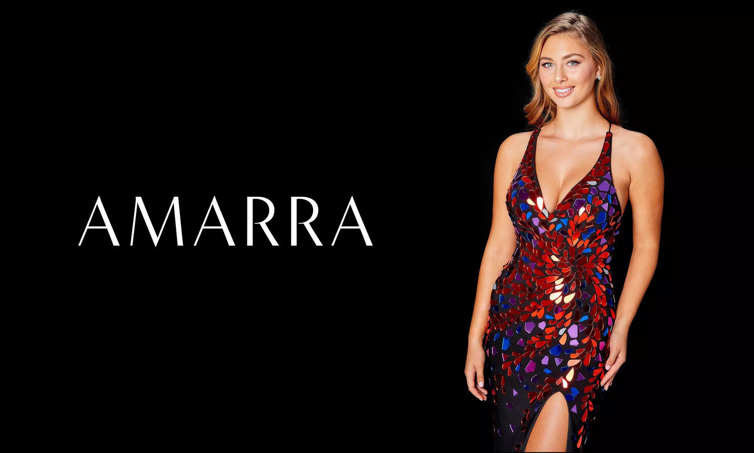 Amarra banner with model in red, blue and purple petal-sequin gown with thigh slit