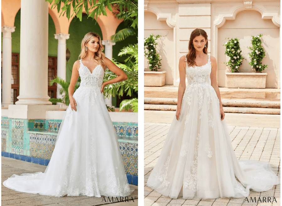 Two-panel layout showing two different brides in white lace A-line gowns at tiled and stone garden settings